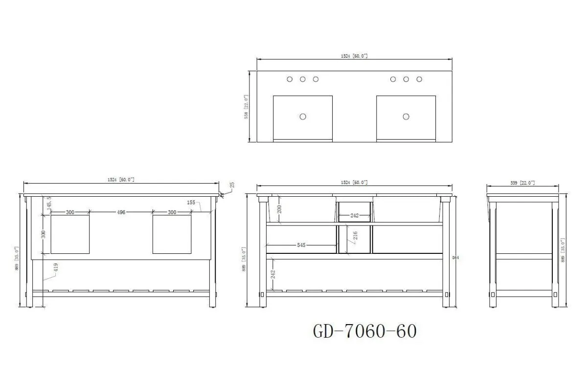 60-Inches Kendia Double Farmhouse Sink Bathroom Vanity - GD-7060-WT60-GT