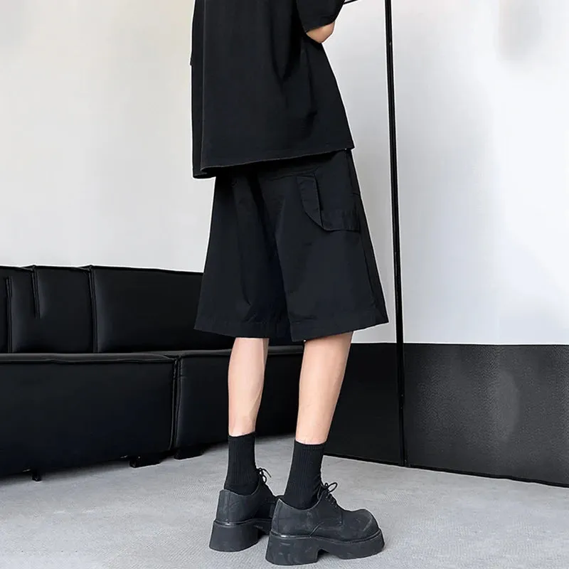 American Style Men's Casual Shorts Pockets Solid Color Straight Wide Leg Male Trousers Loose Bottom Summer 9C6571