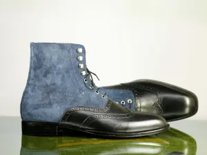 Ankle High Black & Blue Wing Tip Leather Suede Boots