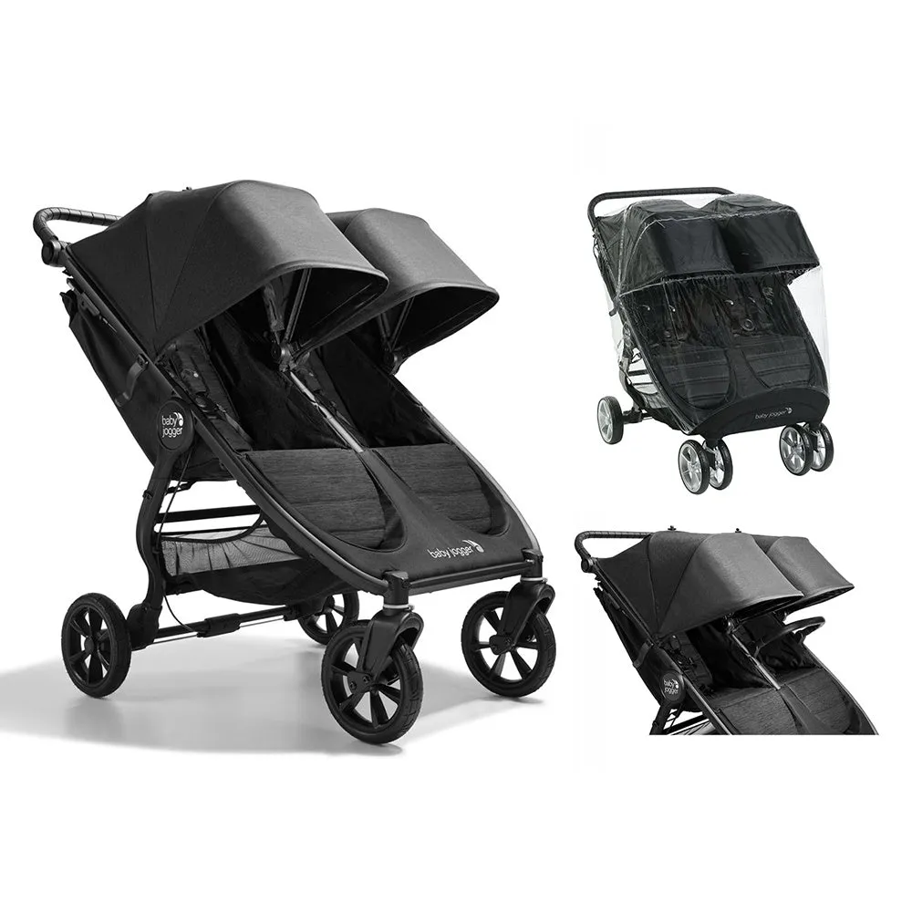 Baby Jogger City Mini GT2 Double Stroller in Opulent Black with Weather Shield   Belly Bar