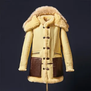 Beige Genuine Leather Shearling Fur Lining Long Coat Parkas