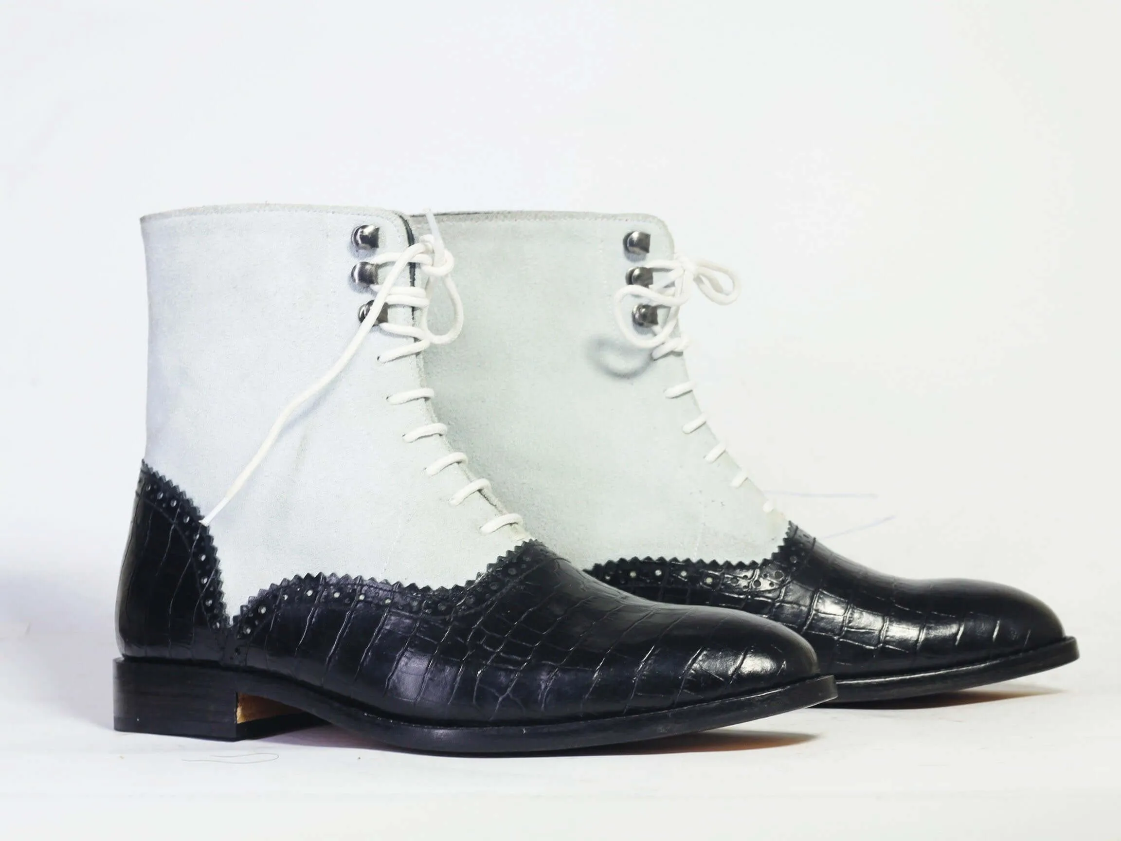 Bespoke Black Gray Leather Suede Ankle Lace Up Boots