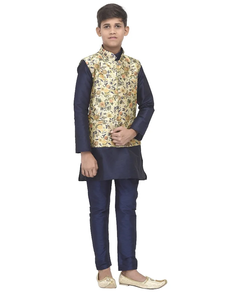 Boy's Navy Blue Kurta Pyjama & Lime Green Printed Nehrujacket - Benstoke KIDS