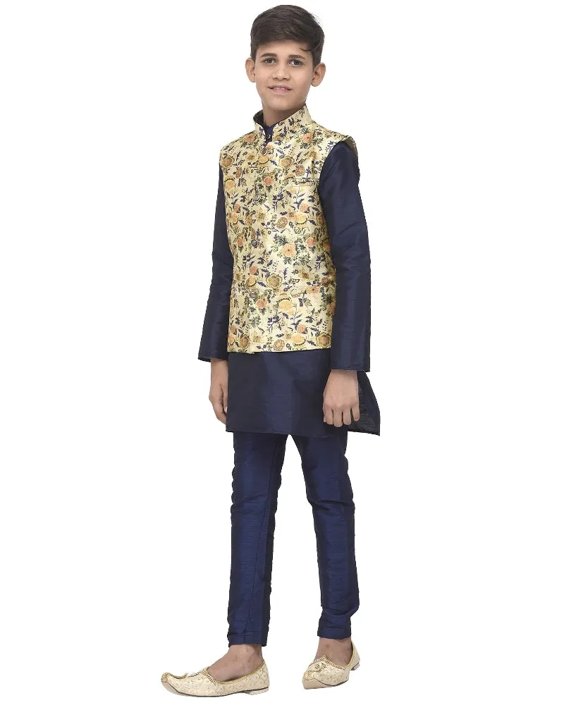 Boy's Navy Blue Kurta Pyjama & Lime Green Printed Nehrujacket - Benstoke KIDS