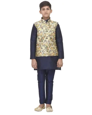 Boy's Navy Blue Kurta Pyjama & Lime Green Printed Nehrujacket - Benstoke KIDS