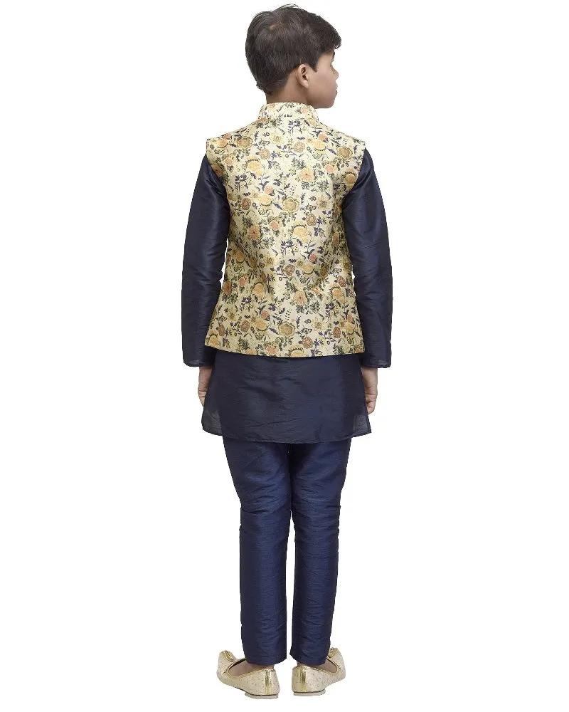 Boy's Navy Blue Kurta Pyjama & Lime Green Printed Nehrujacket - Benstoke KIDS