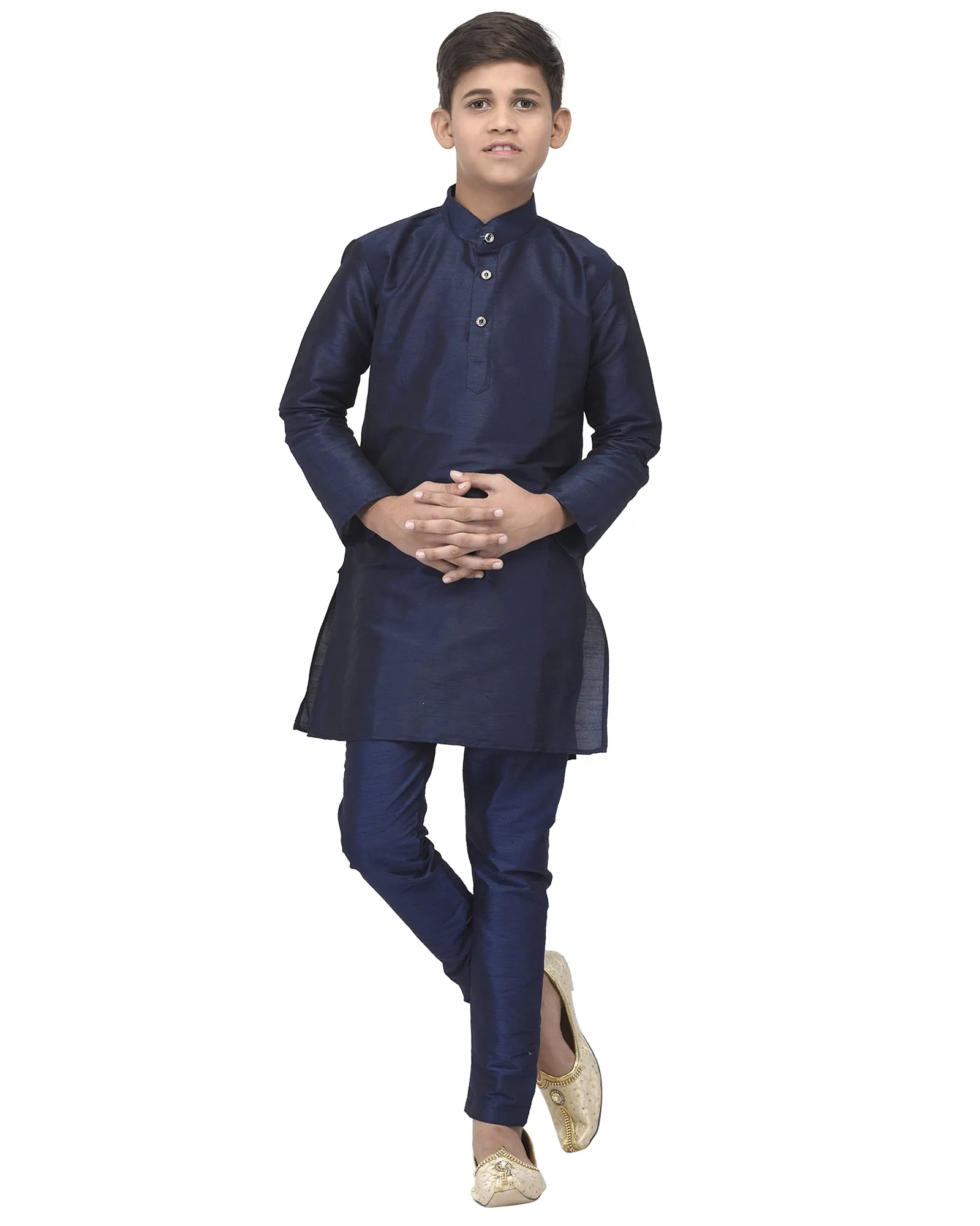 Boy's Navy Blue Solid Kurta With Churidaar Pyjama - Benstoke KIDS