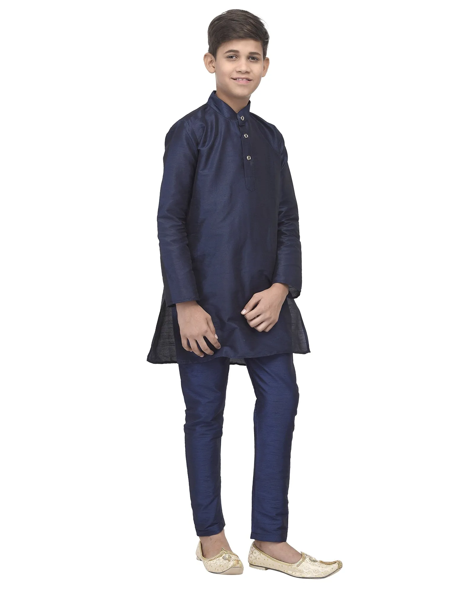 Boy's Navy Blue Solid Kurta With Churidaar Pyjama - Benstoke KIDS