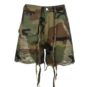 Camouflage Sumemr Shorts For Women High Waist Patchwork Lace Up Hole Hollow Out Short Pants Female Fashion Clothes