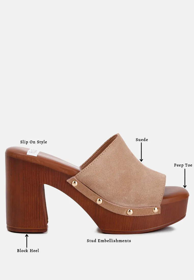 Cartera Suede High Block Heel Clogs In Tan