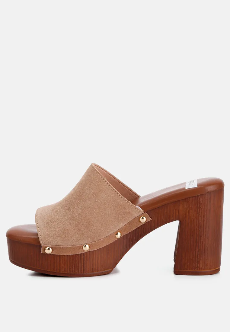 Cartera Suede High Block Heel Clogs In Tan