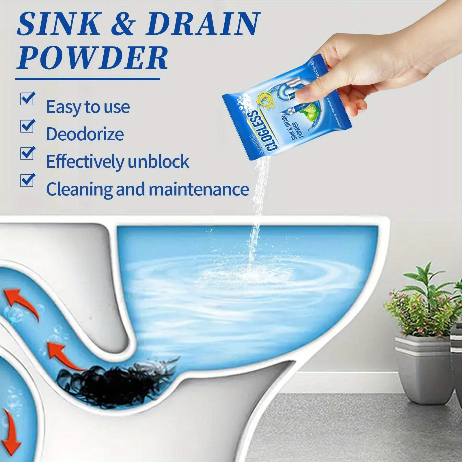 Clogless Sink Drain Powder  Powerful Dredging Agent