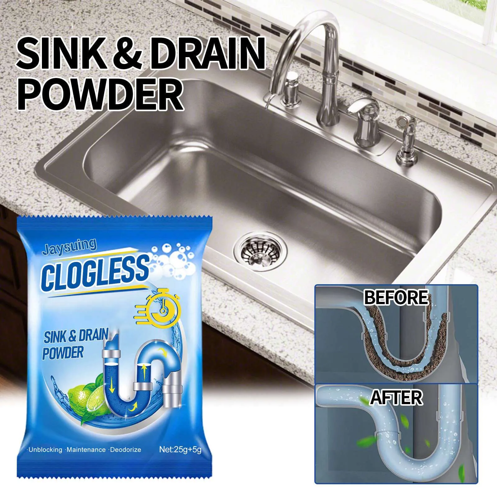 Clogless Sink Drain Powder  Powerful Dredging Agent