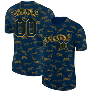 Custom Navy Gold 3D Pattern Design Tiger Performance T-Shirt