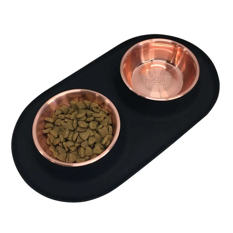 Double Silicone Dog Feeder with Copper Colored Bowls, 3 Cups Per Bowl