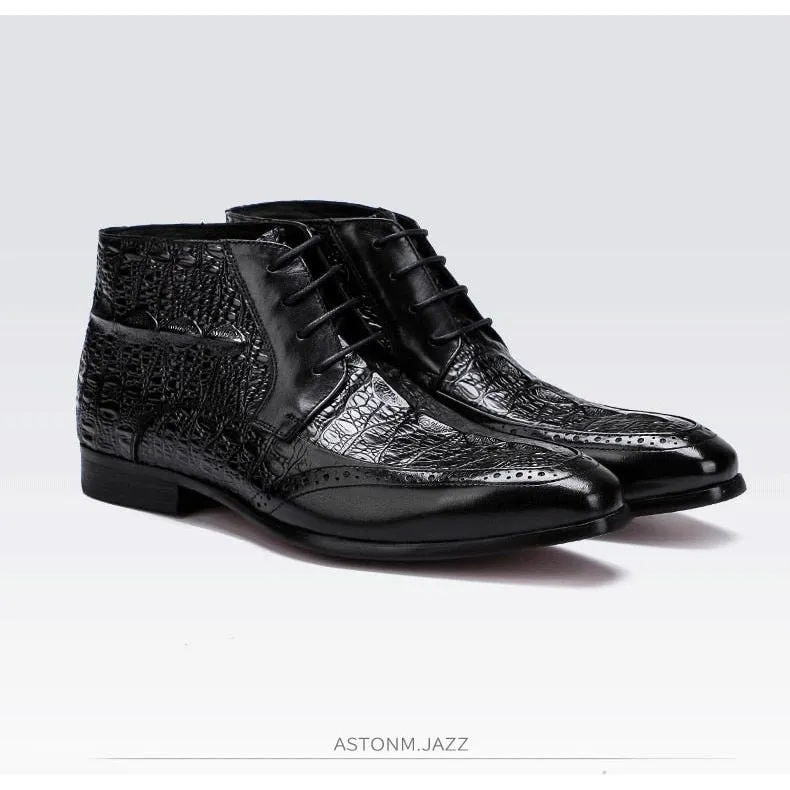 ExoticLuxe Croc Texture Ankle Lace-Up Brogue Boots