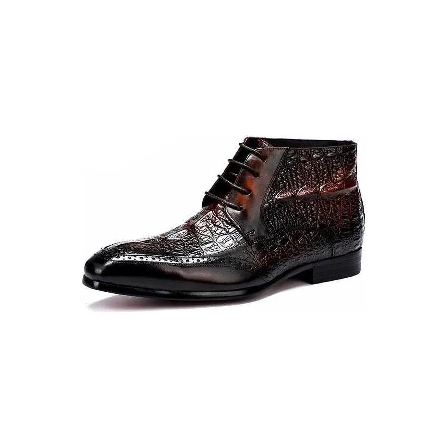 ExoticLuxe Croc Texture Ankle Lace-Up Brogue Boots