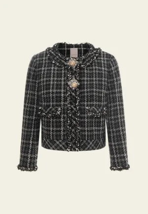 Frayed-trim Embellished-button Checked Top