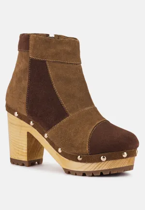 HURON Brown Fine Suede Patchwork Ankle Boots