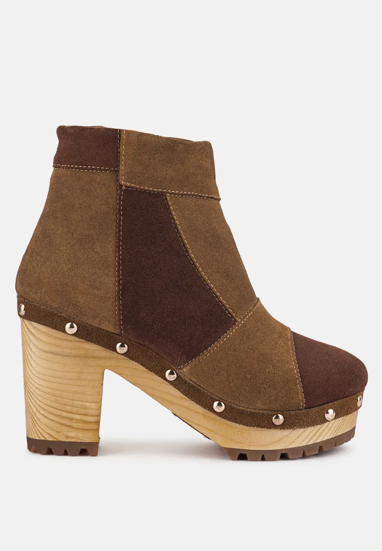 HURON Brown Fine Suede Patchwork Ankle Boots