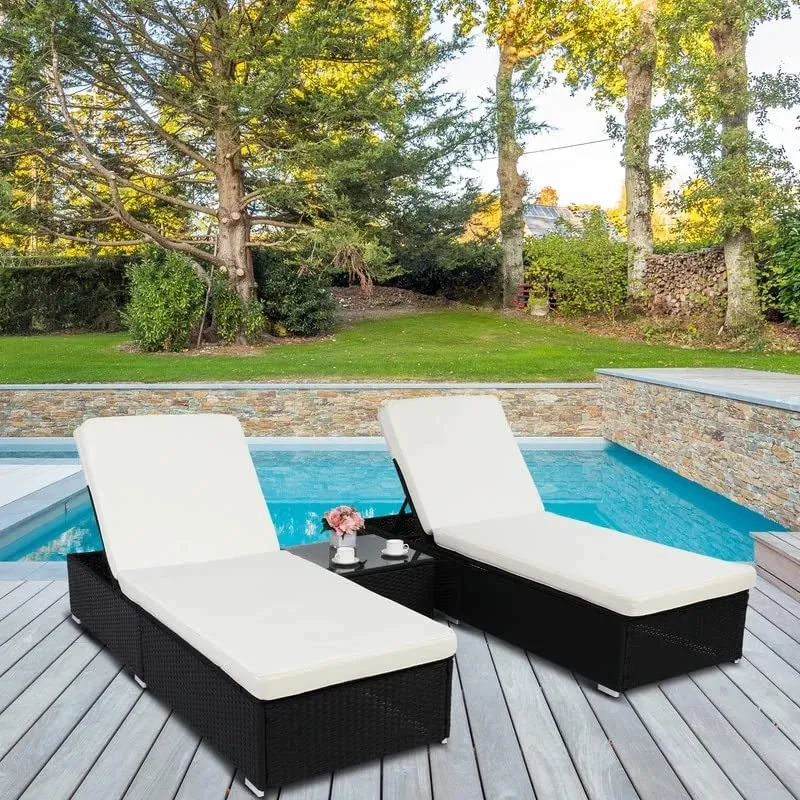 Jean Outdoor Swimming Poolside Lounger (Set of 2 ) With 1 Side Table (Black  White)