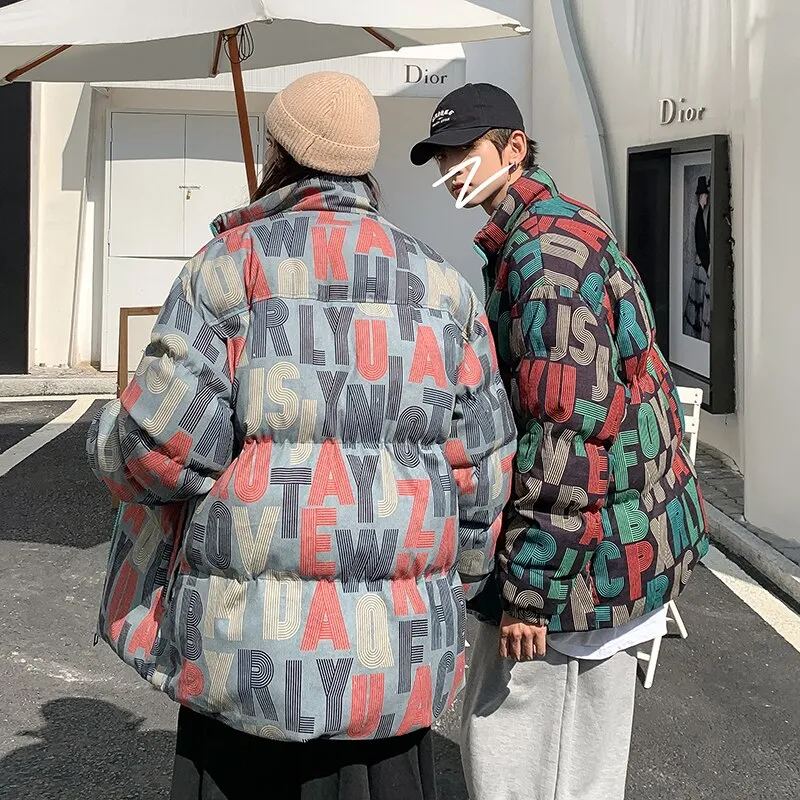 Jinquedai  Men Full Letter Print Bubble Coat Winter Jacket Mens Korean Fashions Parkas Jacket Couple Desginer Male Clothing