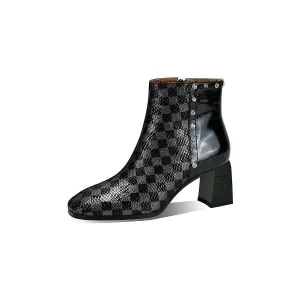 LeatherLux Exotic Pattern Square Heel Ankle Boots