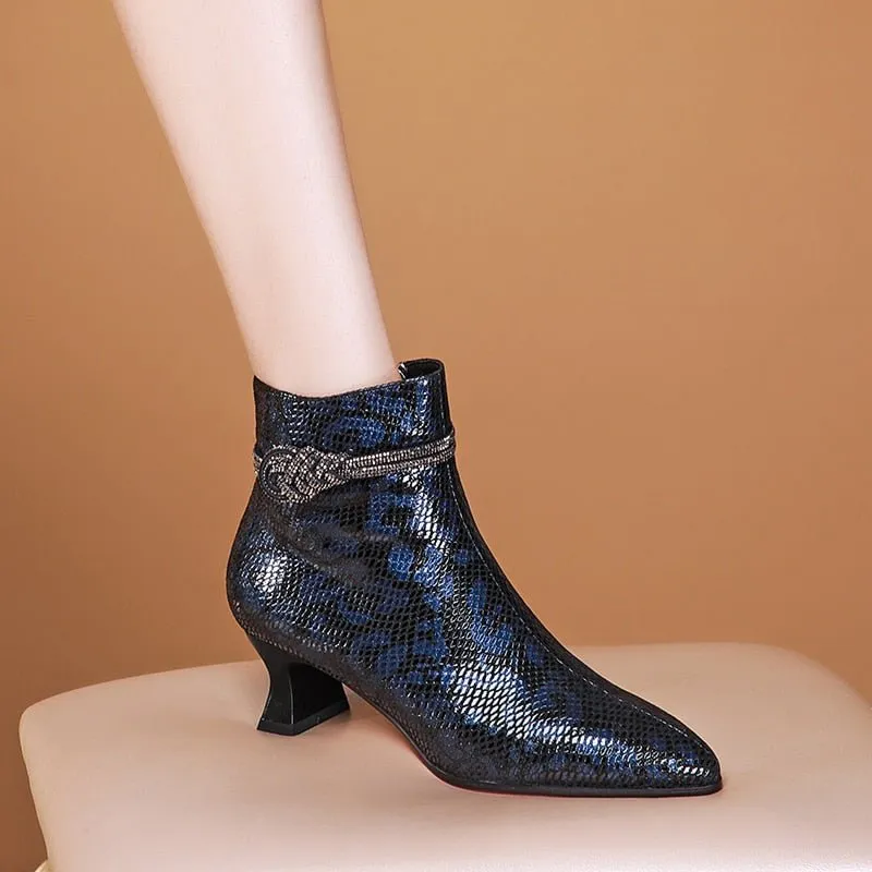 Luxe Serpent Pointed Toe Metal Heel Ankle Boots