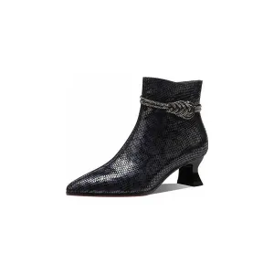 Luxe Serpent Pointed Toe Metal Heel Ankle Boots