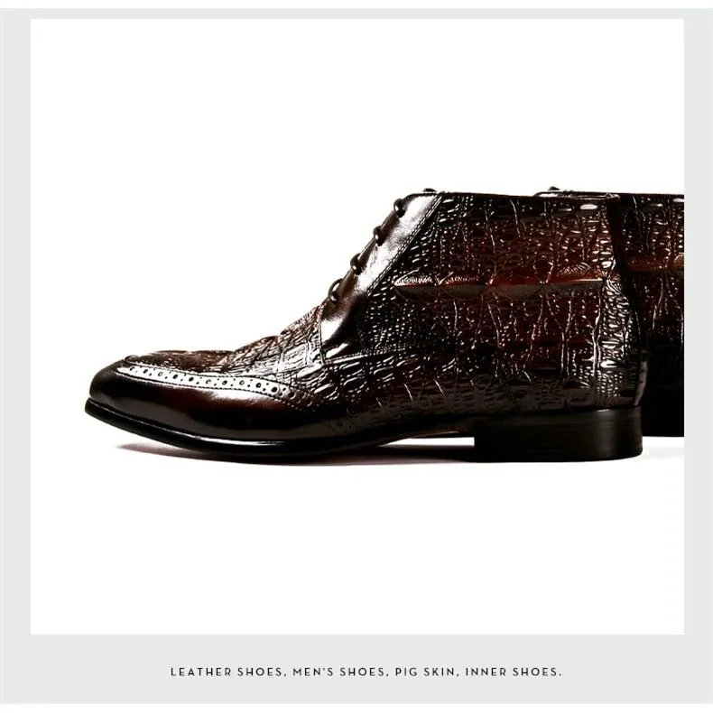 LuxeCroco Genuine Leather Lace-Up Exotic Ankle Boots