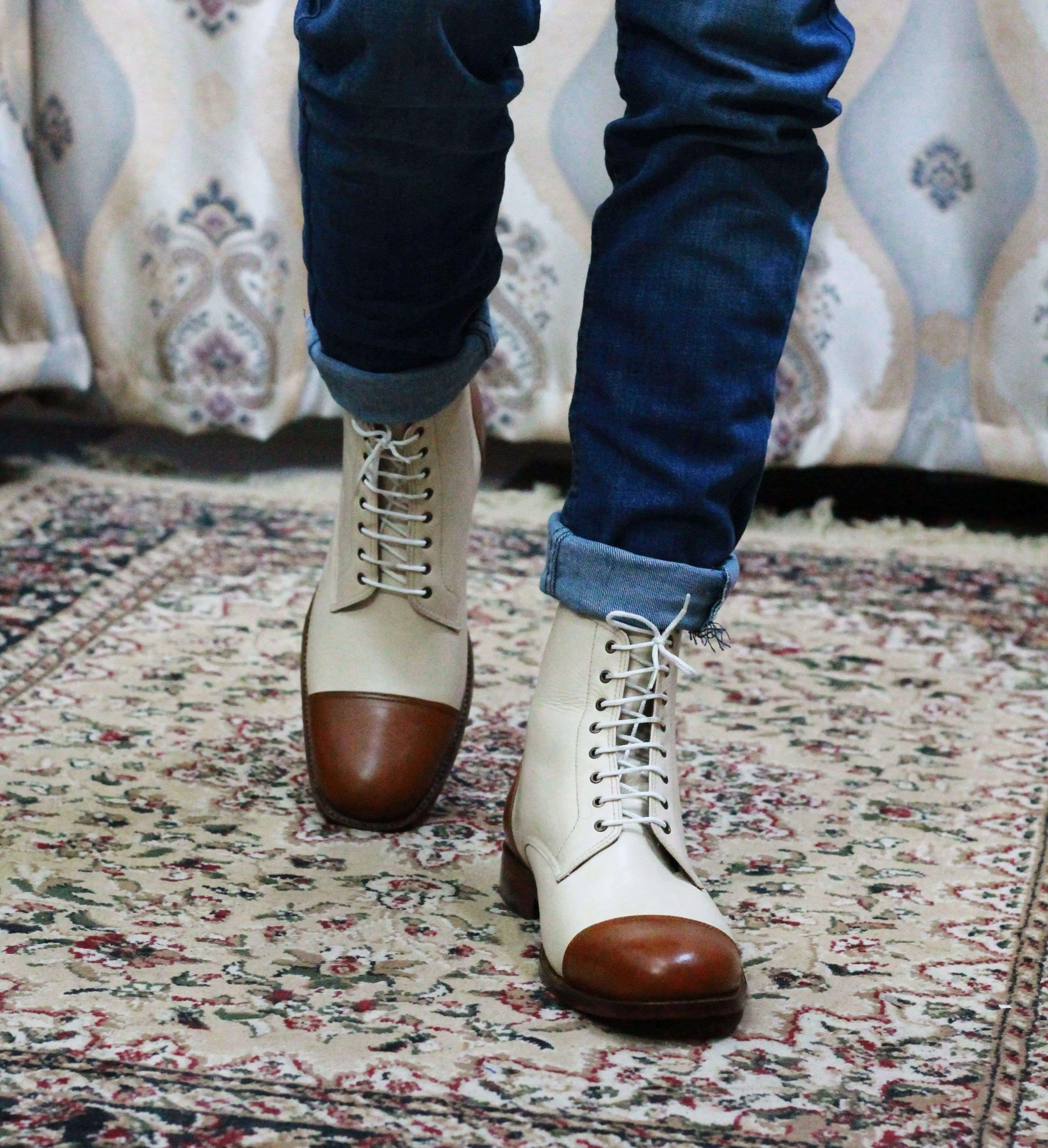 Men's Cream Brown Cap Toe Ankle Boots