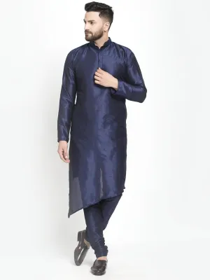 Men's Navy Blue Solid Asymmetric Kurta With Churidaar Pyjama - Benstoke