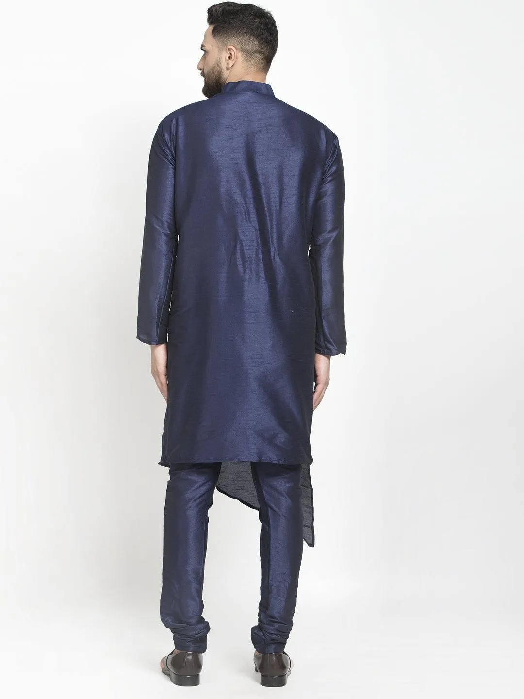 Men's Navy Blue Solid Asymmetric Kurta With Churidaar Pyjama - Benstoke