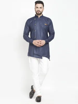 Men's Navy Blue Solid Short Kurta With White Pyjama - Benstoke