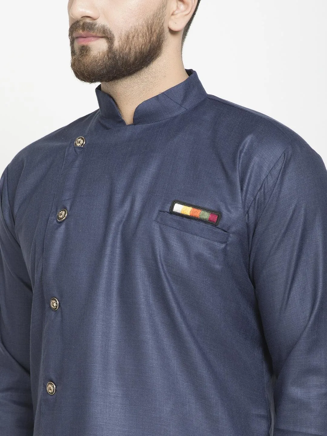 Men's Navy Blue Solid Short Kurta With White Pyjama - Benstoke