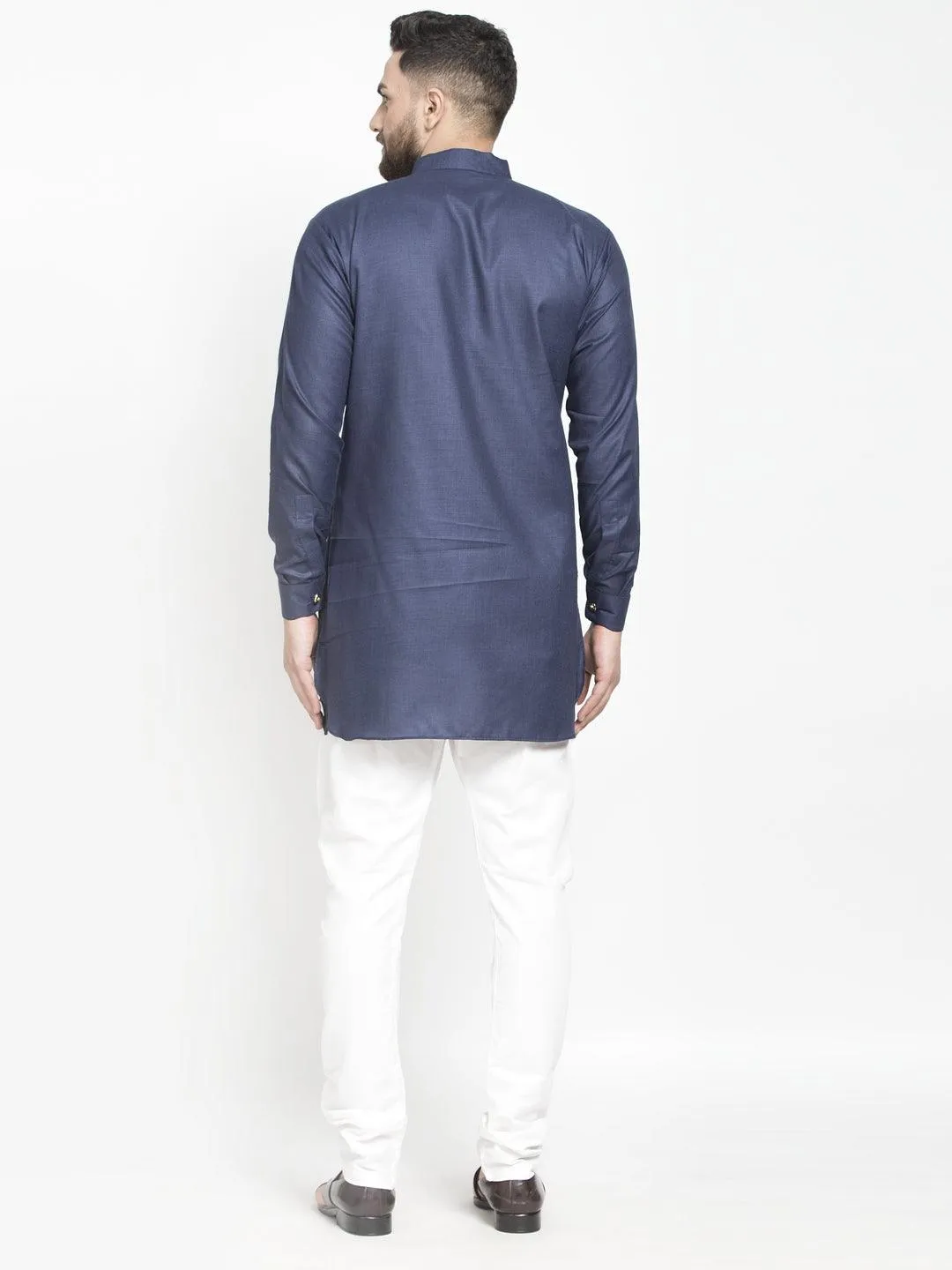 Men's Navy Blue Solid Short Kurta With White Pyjama - Benstoke