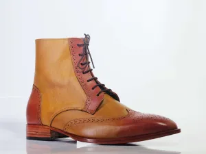 Men's Two Tone Ankle Wing Tip Brogue Leather Lace Up Boot