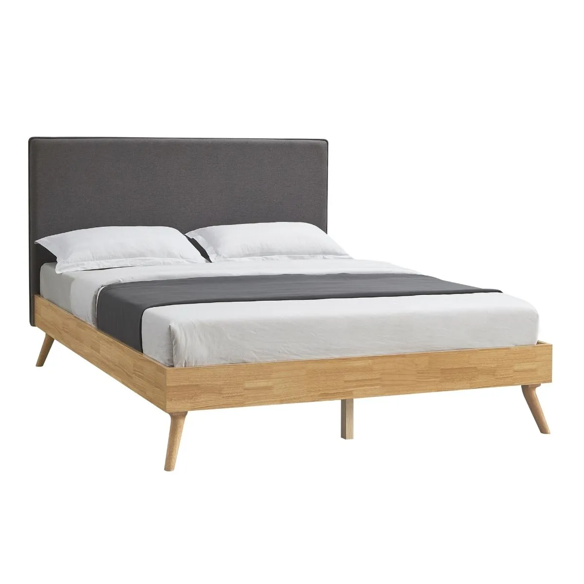 Natural Oak Double Bed Frame With Fabric Headboard - Oak & Grey