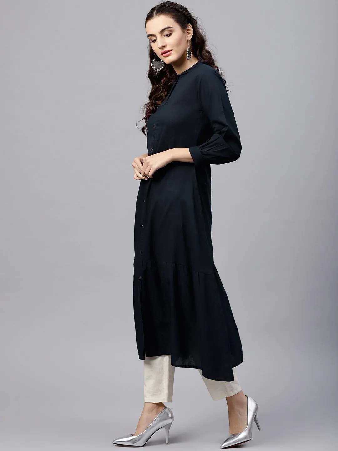 Navy Blue Round Neck A-Line Kurta With Front Placket And Cuffed Full Sleeves