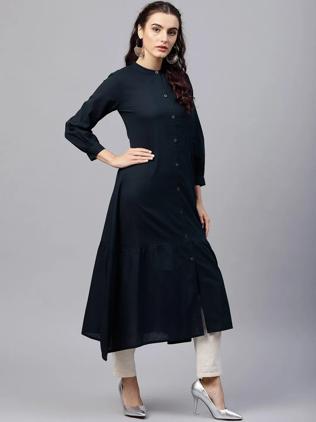 Navy Blue Round Neck A-Line Kurta With Front Placket And Cuffed Full Sleeves