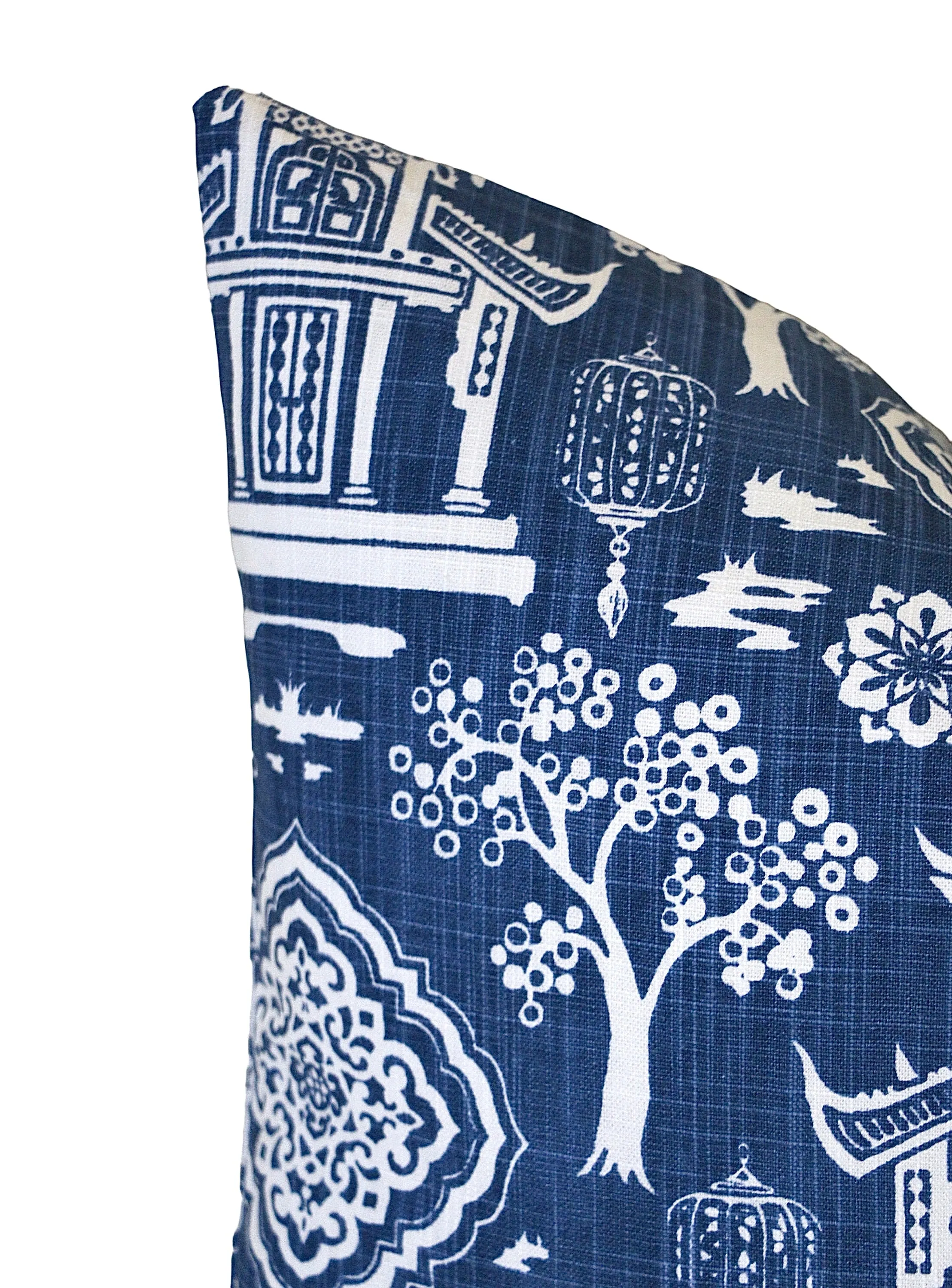 Navy Blue White Pagoda Pillow Sham / Chinoiserie Pillow Cover