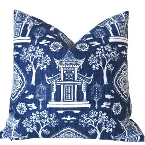 Navy Blue White Pagoda Pillow Sham / Chinoiserie Pillow Cover