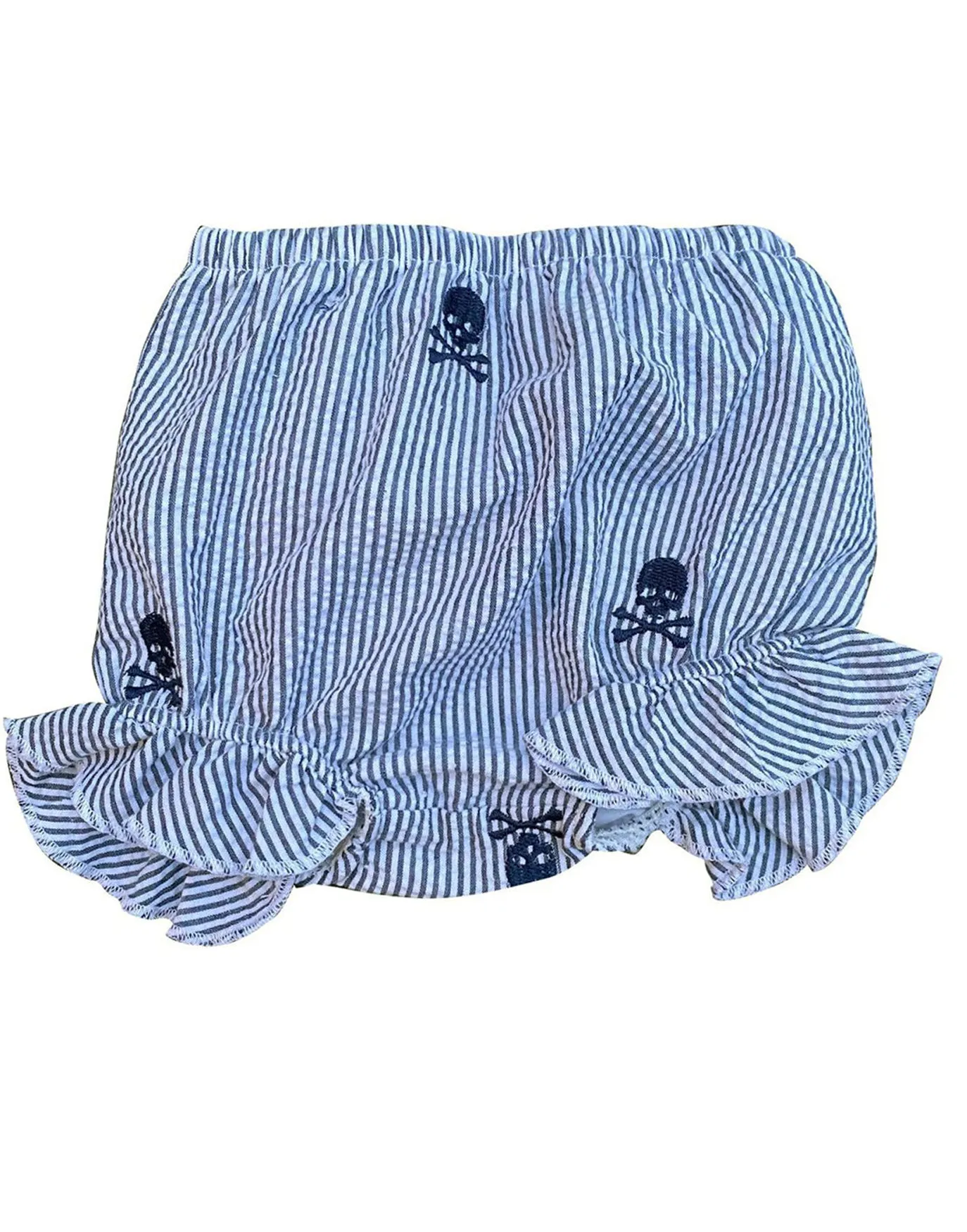 Navy Seersucker Baby Bloomers with Navy Embroidered Pirate Skulls