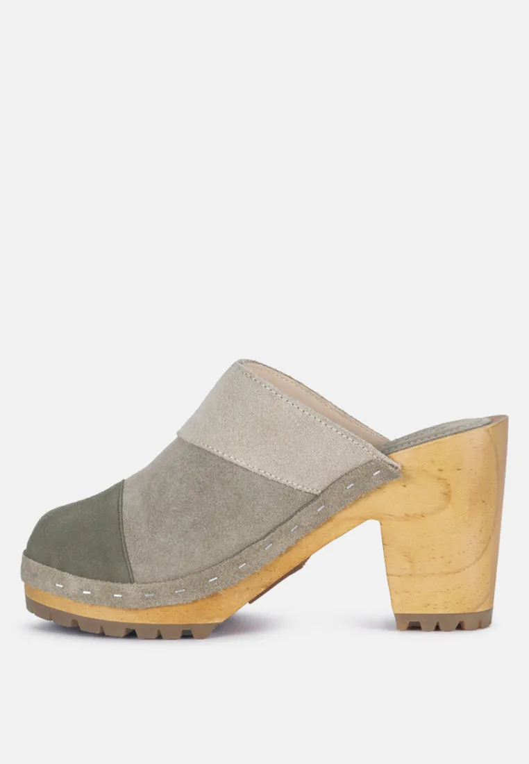 OCHROMA Vintage Patchwork Suede Mule Clogs in Olive