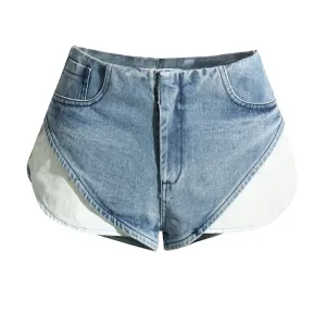 Patchwork Hit Color Shorts For Women High Waist Patchwork Zipper Casual Loose Denim Short Length Pants Female