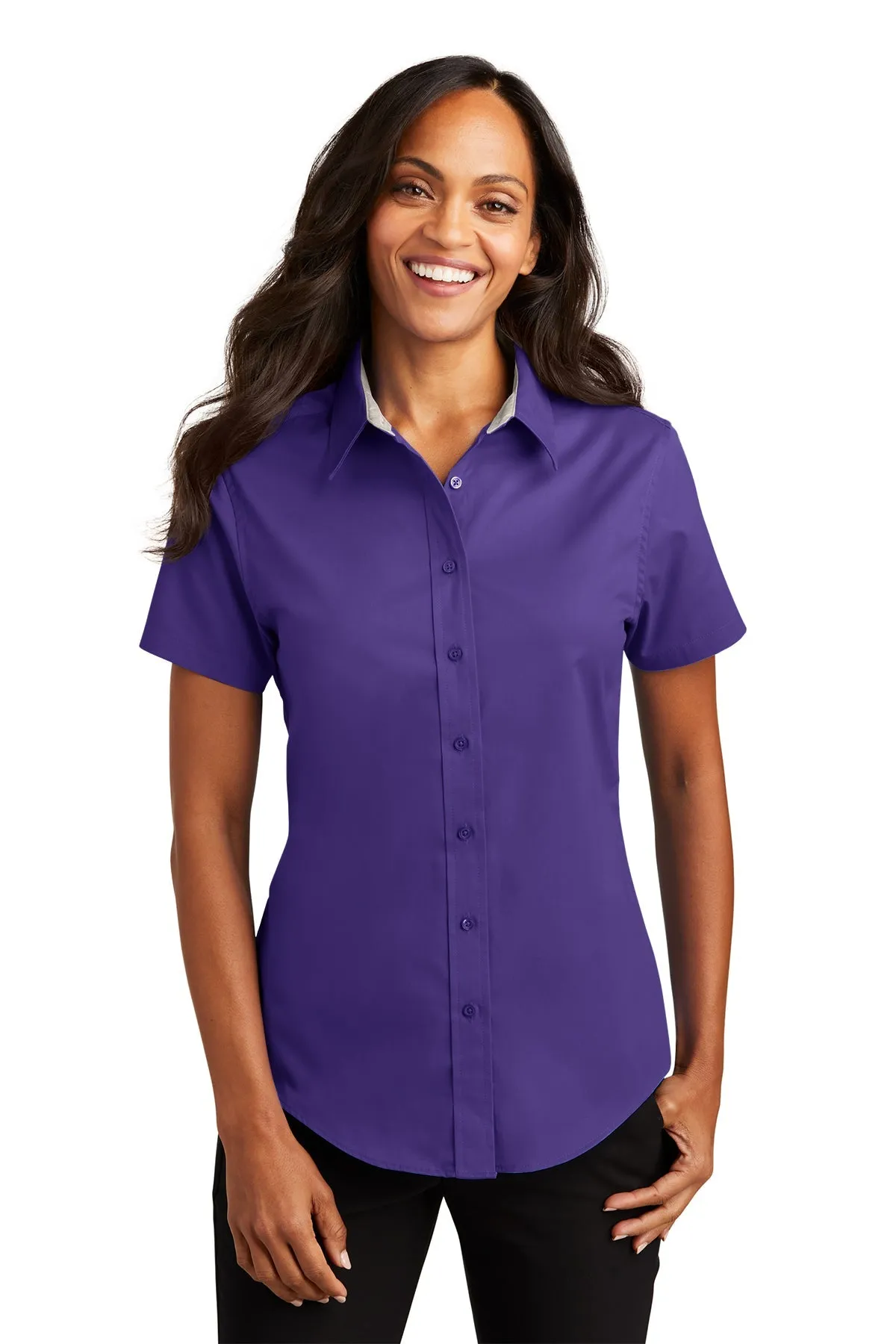 Port Authority Ladies Short Sleeve Easy Care Branded Shirts, Purple/Light Stone