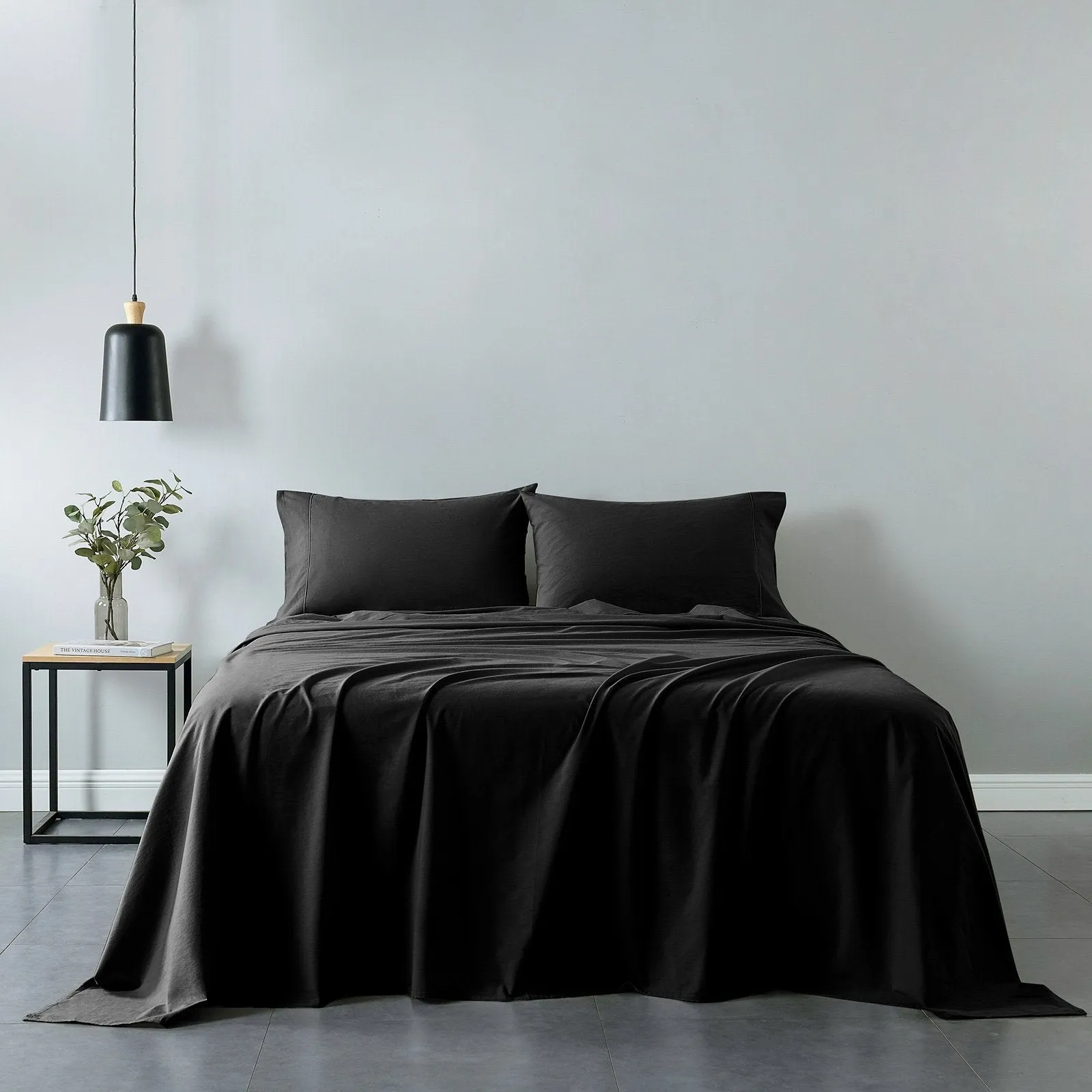 Royal Comfort Vintage Washed 100% Cotton Sheet Set Fitted Flat Sheet Pillowcases Double Charcoal