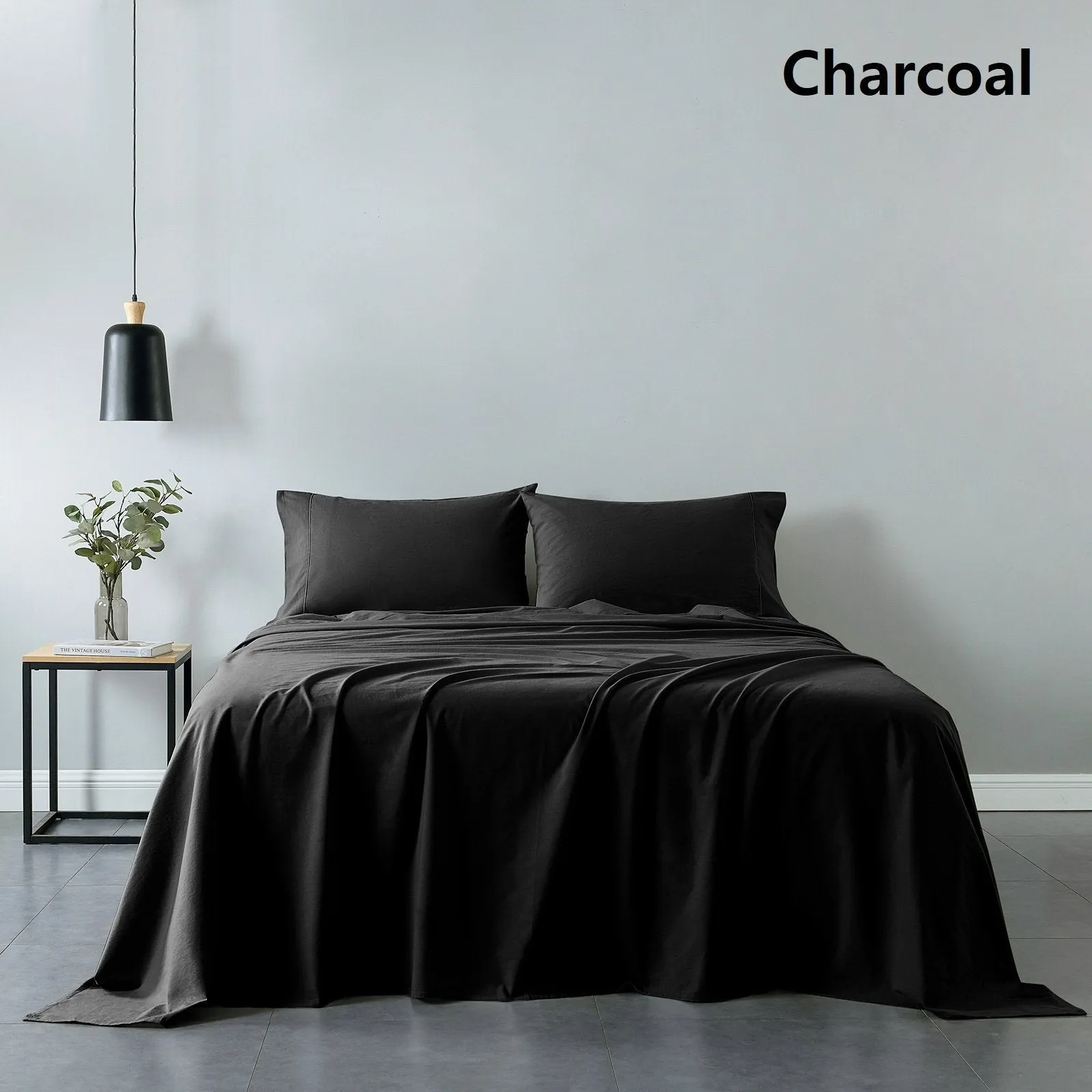 Royal Comfort Vintage Washed 100% Cotton Sheet Set Fitted Flat Sheet Pillowcases Double Charcoal