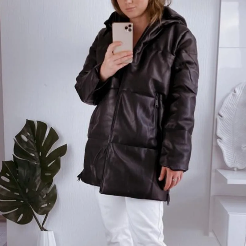 Simplee Elegant black straight tube long parkas Winter coat