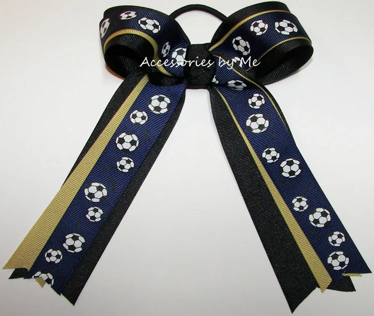 Soccer Navy Blue Gold Ponytail Holder Bow